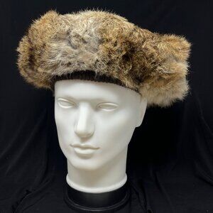 Rabbit Fur Winter Hat Beret Brown /‎ Beige Rib Knit  Money Glam 7 1/8 or Medium